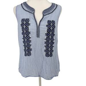 The Impeccable Pig Blue Embroidered Boho Sleeveless Top Sz M Cotton Linen Blend